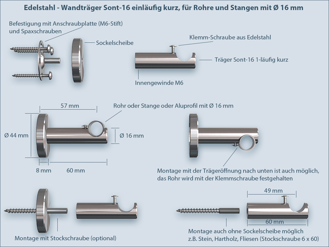 Fastening and assembly: railing holder for tubes and rods Sont-16mm short instructions
