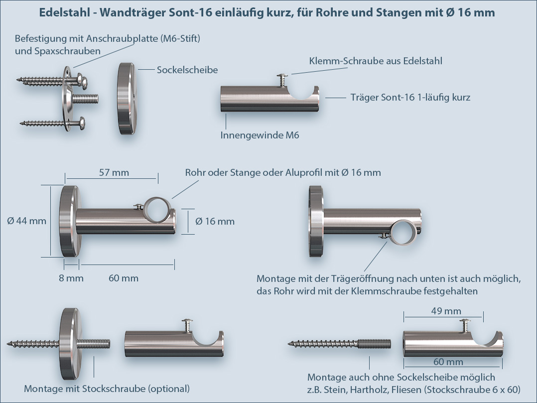 Attachment and assembly: Holder for tubes and rods Sont-16mm short instructions