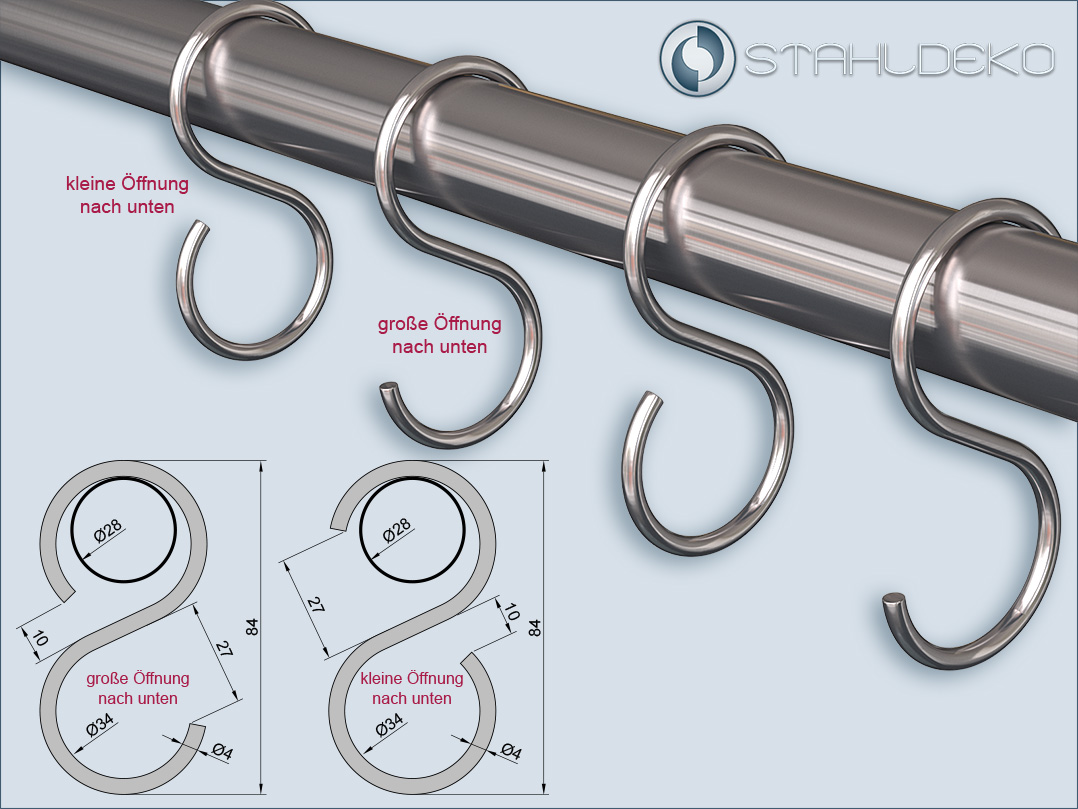 Hooks for curtain rods and railings with a 28mm tube - dimensions