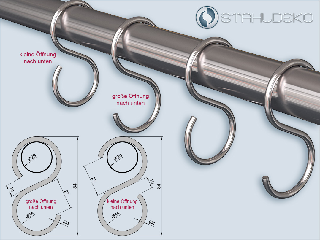 Hook S-shape for curtain rods and railing with tube 28mm - dimensions