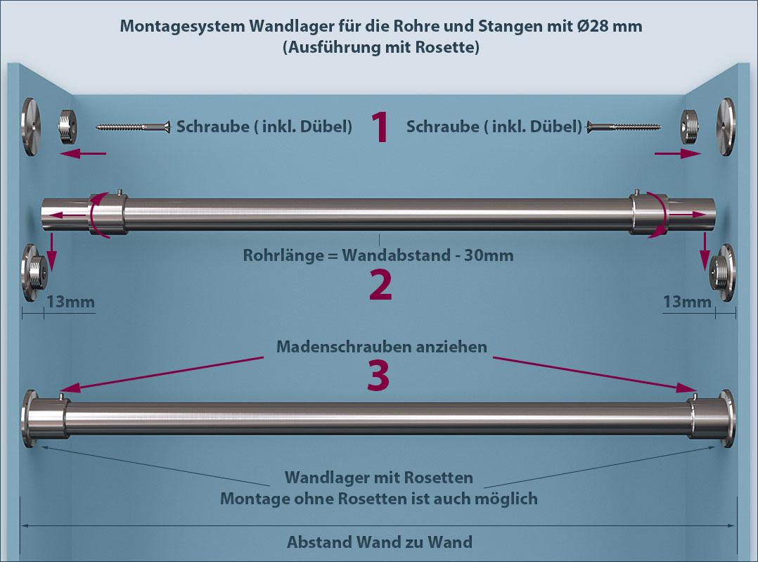 Fasten rod Ø 28mm for shower curtain in a niche