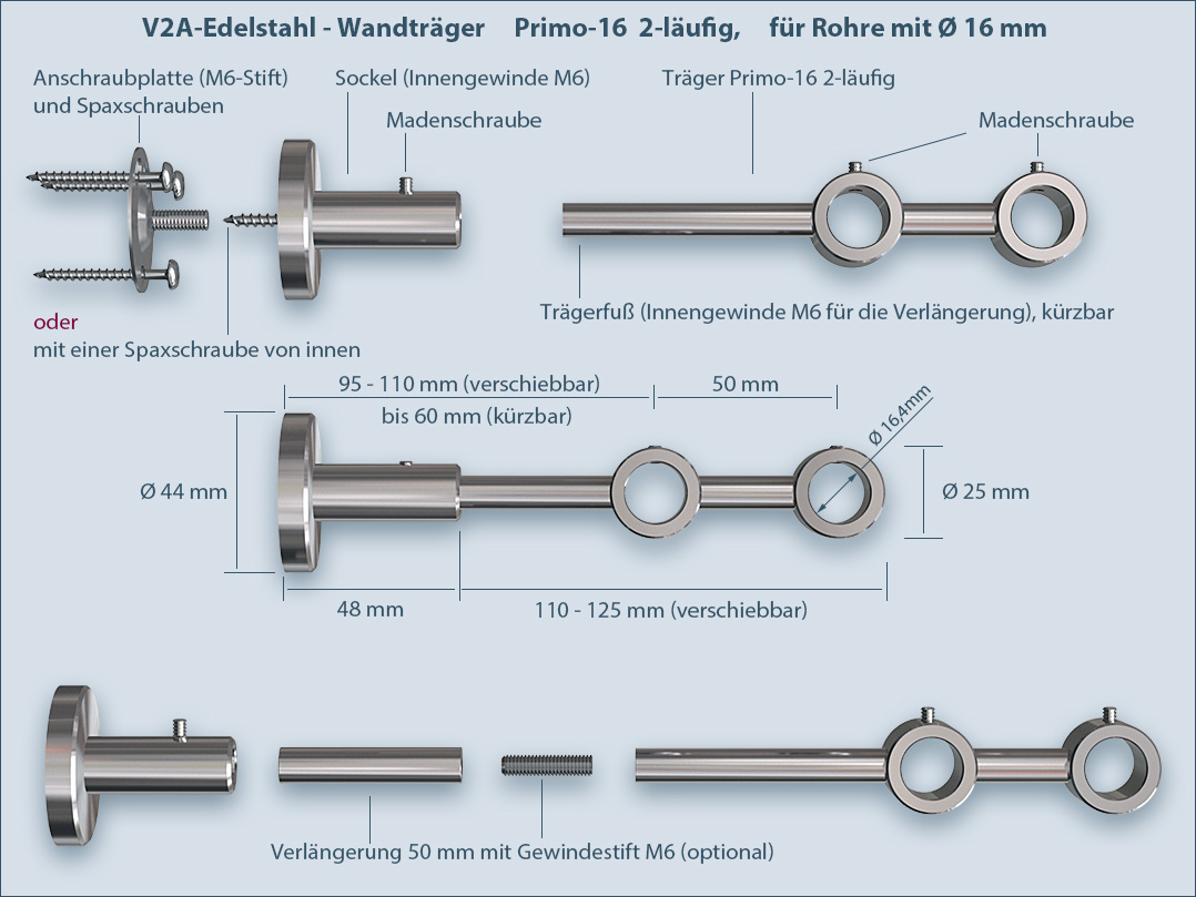 Assembly Attachment Instructions: Curtain rod holder Bracket 2-track Primo-16mm for round tubes