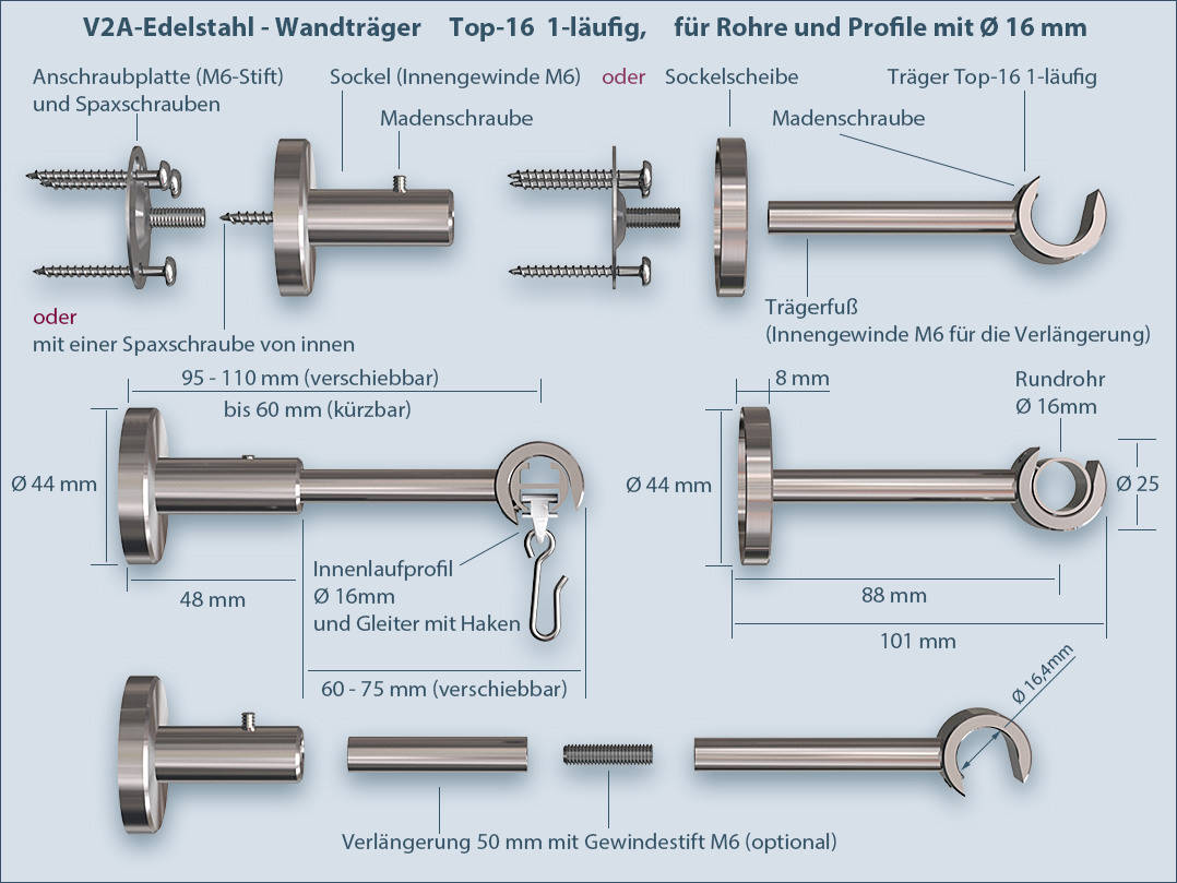 Installation instructions: Support bracket for tube or inner rail curtain rod Top-16mm single-track