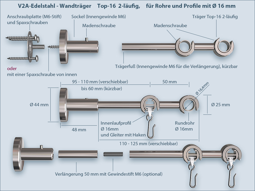 Assembly instructions: curtain rod, wall bracket and wall bracket for tubes and inner rail profiles Top-16mm, double-barreled