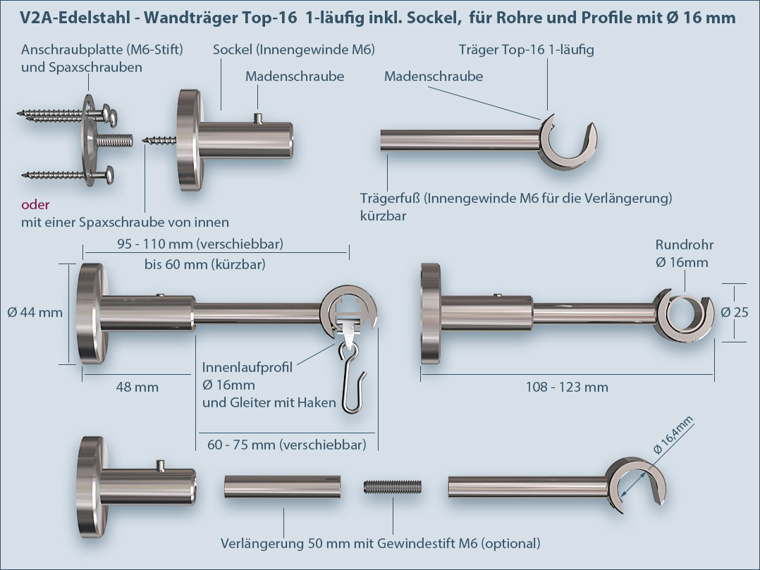 Installation instructions: Support bracket for tube or inner rail curtain rod Top-16mm single-track with the base