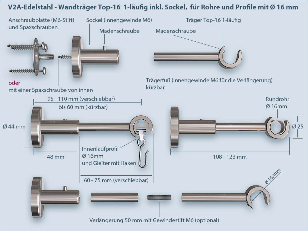 Installation instructions: Support bracket for round tube curtain rod Top-16mm single-track with the base