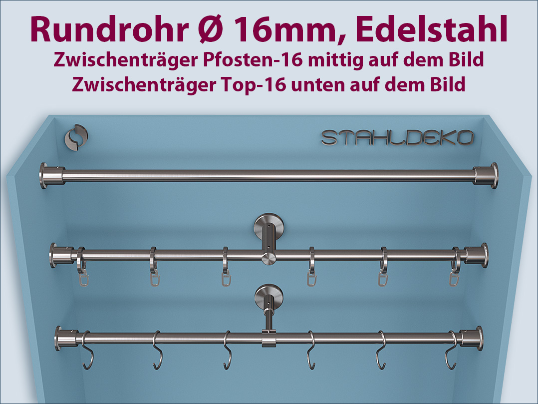 Niche curtain rod Wandlager-16 with intermediate support post and top, rings and hooks
