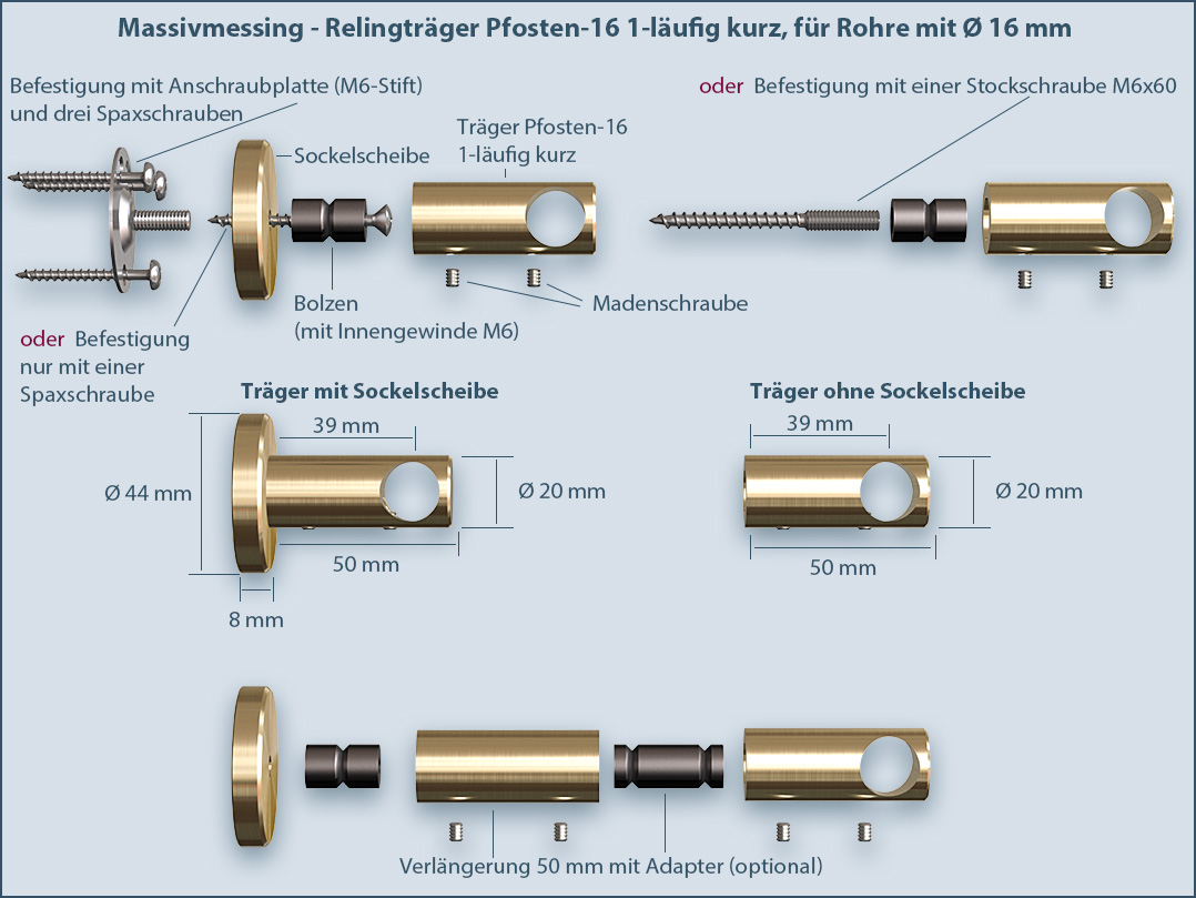 Holder or bracket for kitchen railing made of brass system post 16mm short