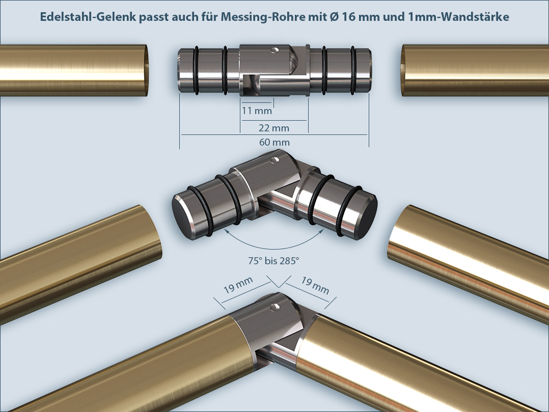 Pipe joint made of stainless steel, also fits a brass pipe with a diameter of 16mm