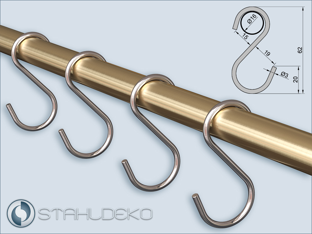 16mm diameter brass tube with stainless steel S-hook