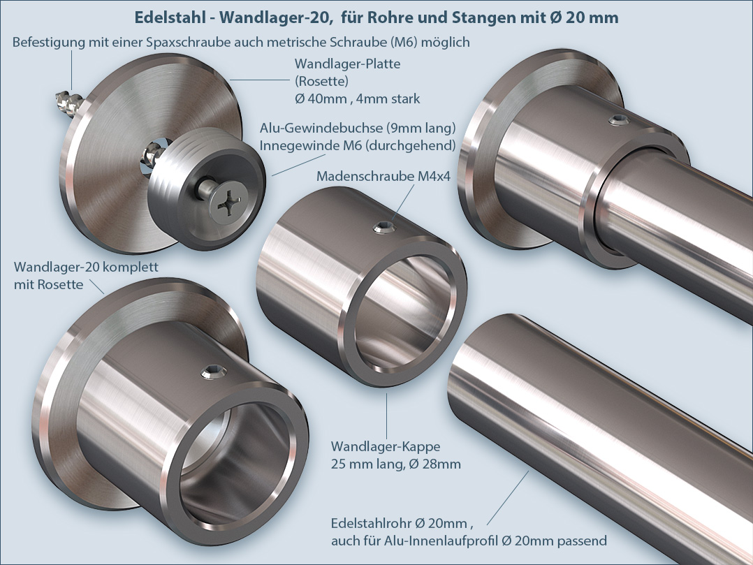 Wall bracket Wall bearing for rods and tubes 20mm made of stainless steel assembly