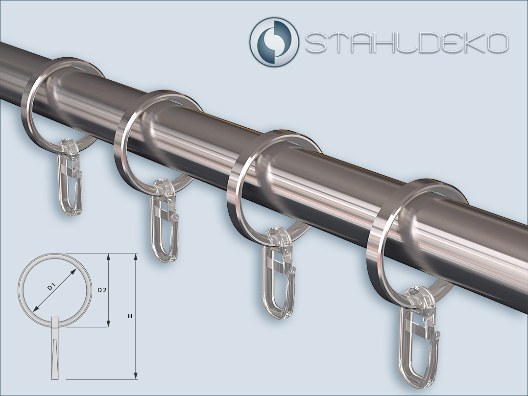 Shower curtain ring for rods and tubes with 20mm diameter in stainless steel, dimensions