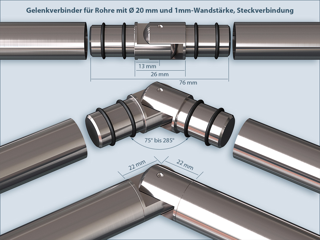 Corner connection for pipes with a diameter of 20 mm made of V2A stainless steel: dimensions