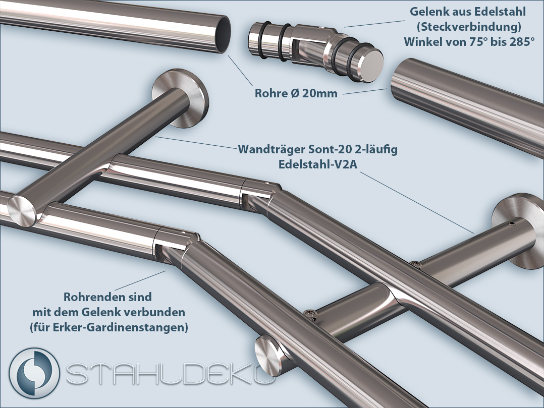 Corner connector for double curtain rail Sont-20mm with round tube made of stainless steel