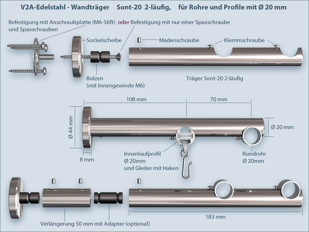The Sont-20 curtain rod holders in the 2-track version are suitable for tubes or inner track profiles of 20mm and are easily attached according to the assembly instructions