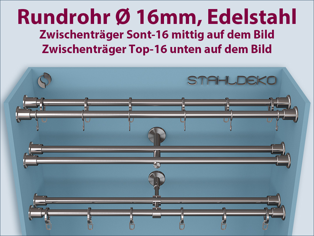 Curtain rod Wandlager-16 double-barreled with the 16mm round tube for niches, with intermediate support rings or hooks