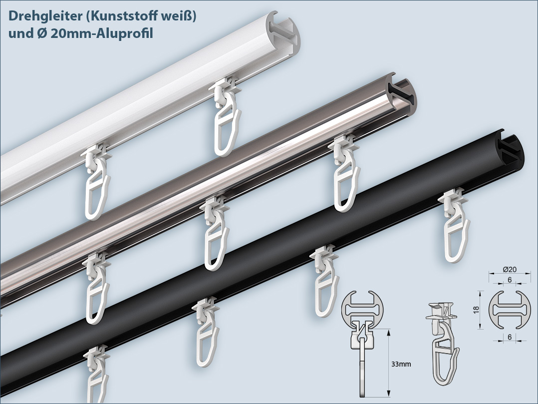 Swivel glides, plastic glides for inner rail curtain rods, can be screwed in and out on 20mm aluminum profile