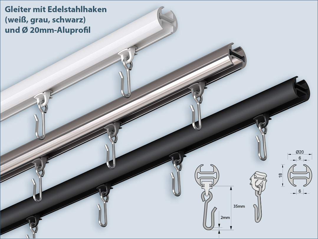 Smooth-running, absolutely stable sliders with stainless steel hooks for 20mm round aluminum inner rails