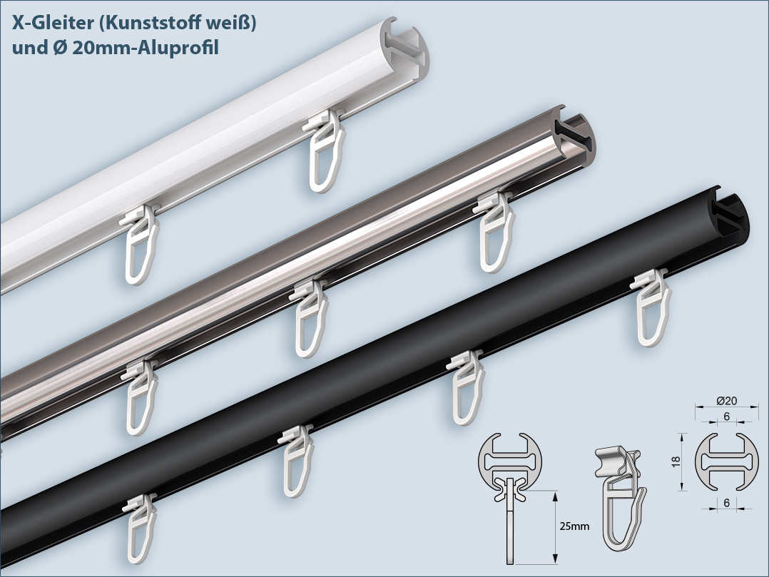 X-Glider for inside track curtain rods with 20mm round profile