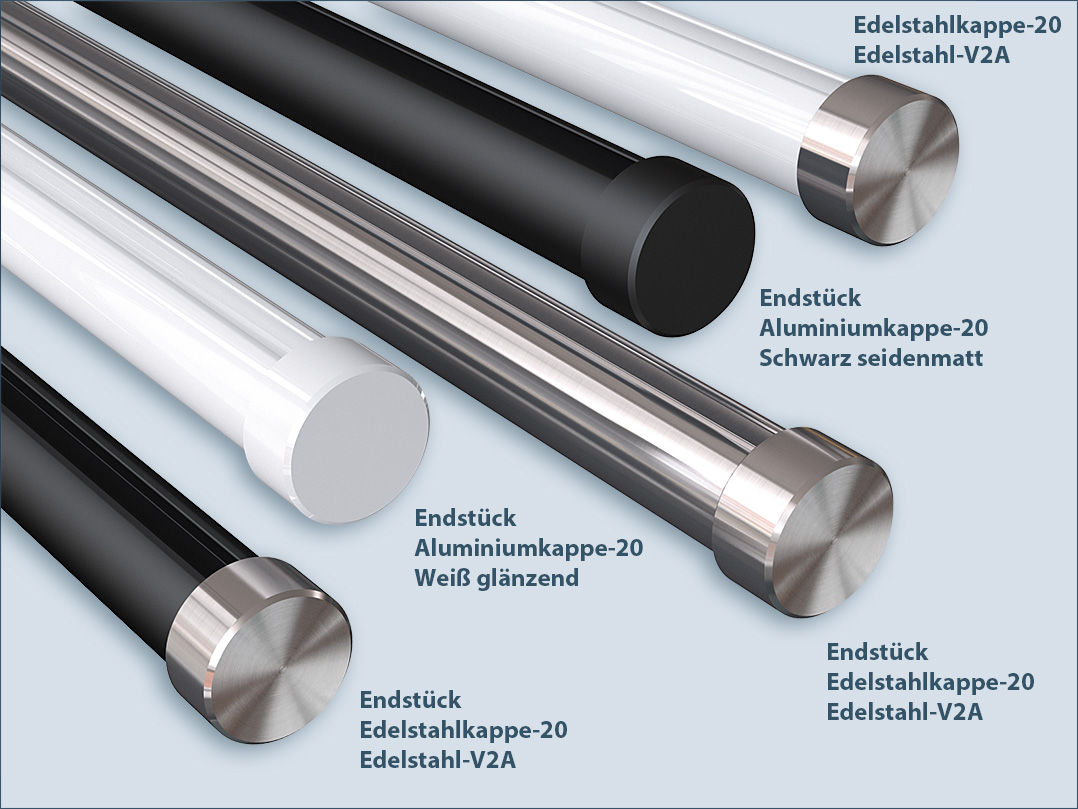 End caps for inner running aluminum profile with 20mm diameter in black, white and stainless steel