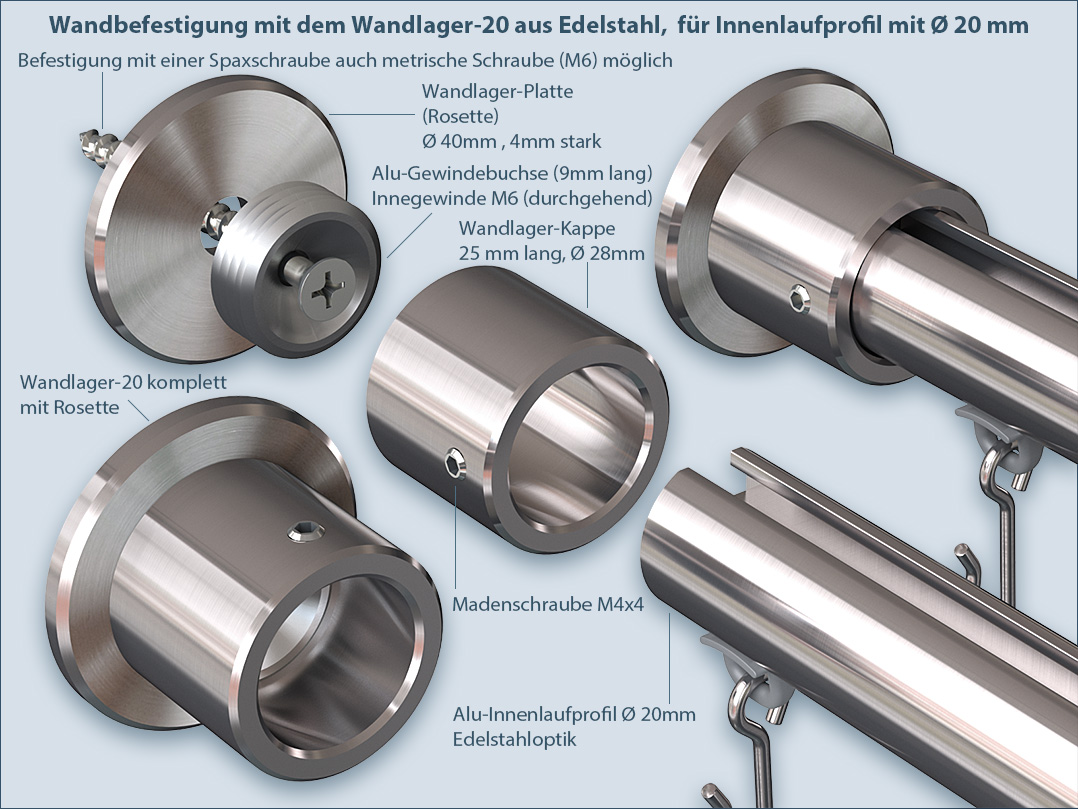 Wall bracket Wall bearing for inner rail rods and inner rail tubes 20mm made of stainless steel assembly