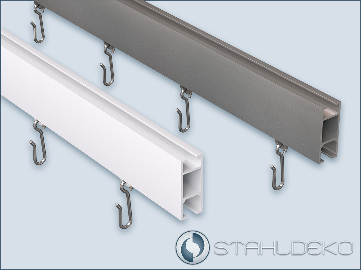 Aluminum curtain track with an internal glide system, 14x35 mm rectangular profile, available in anodized stainless steel finish or white powder-coated.