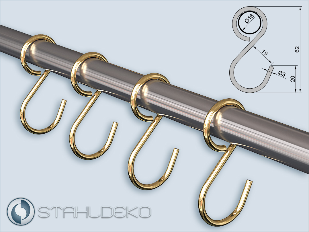 Dimensional drawing for brass-plated ring hooks suitable for 16mm V2A stainless steel poles