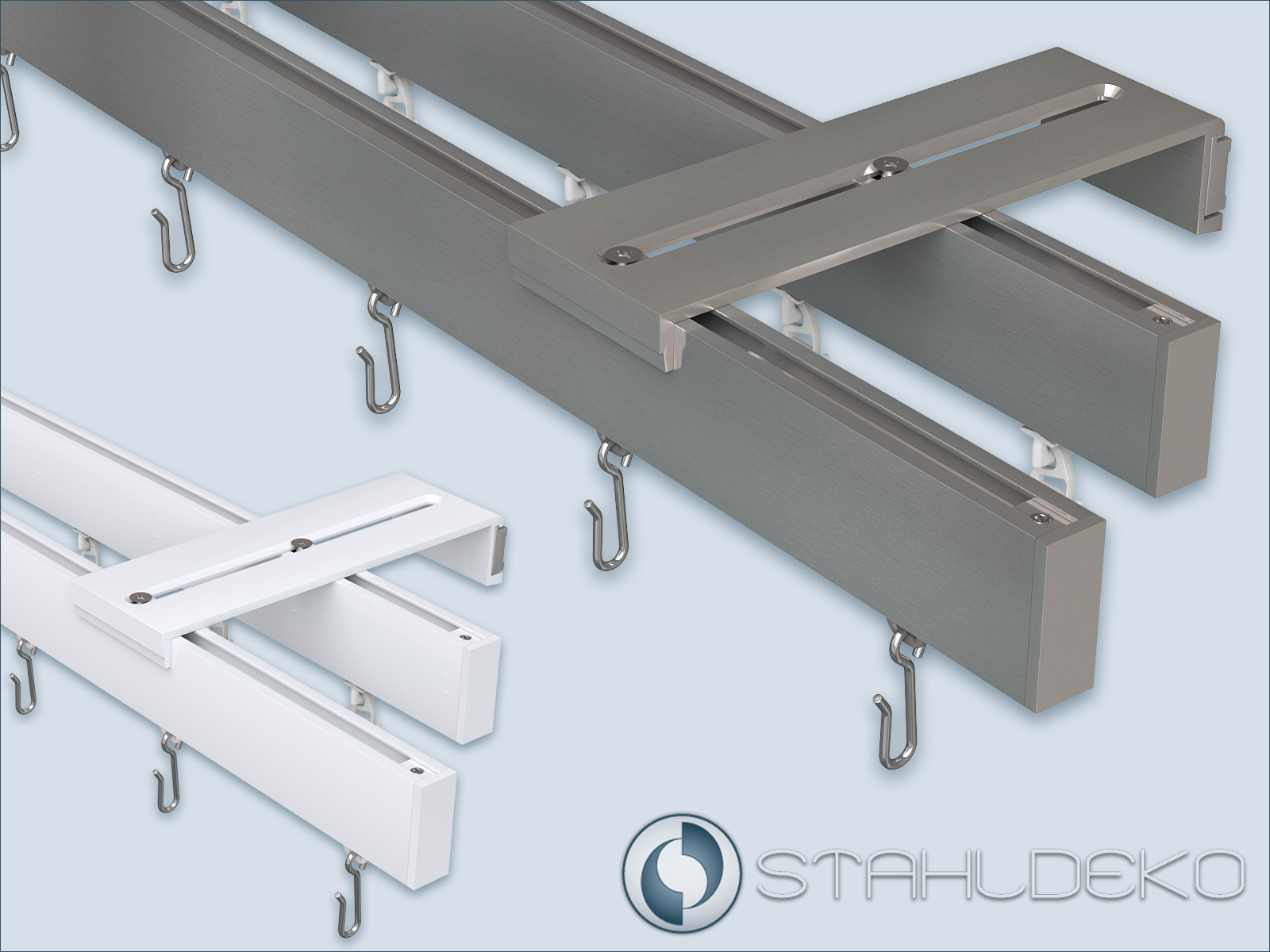 Double Sleek wall bracket for curtain tracks – stainless steel or glossy white finish