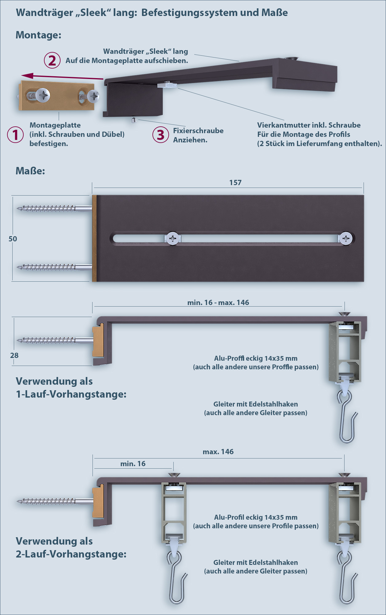 Technical drawing and mounting system for Sleek wall bracket – long version