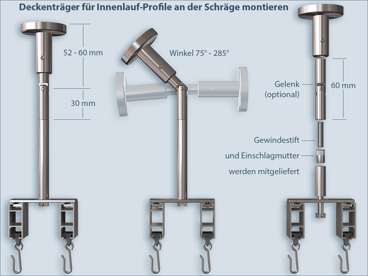 Dual-Track Ceiling Bracket for Interior Track Profiles Mounted on Slopes.