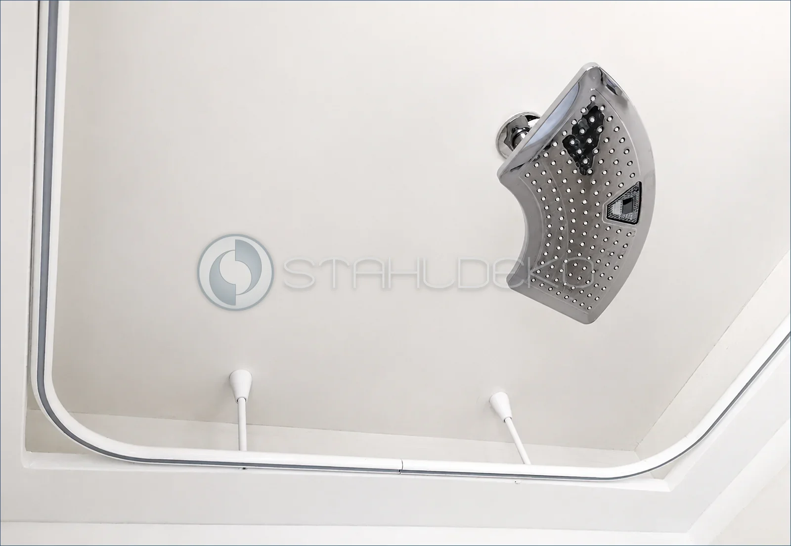 Custom white U-shaped shower curtain track with ceiling mounting