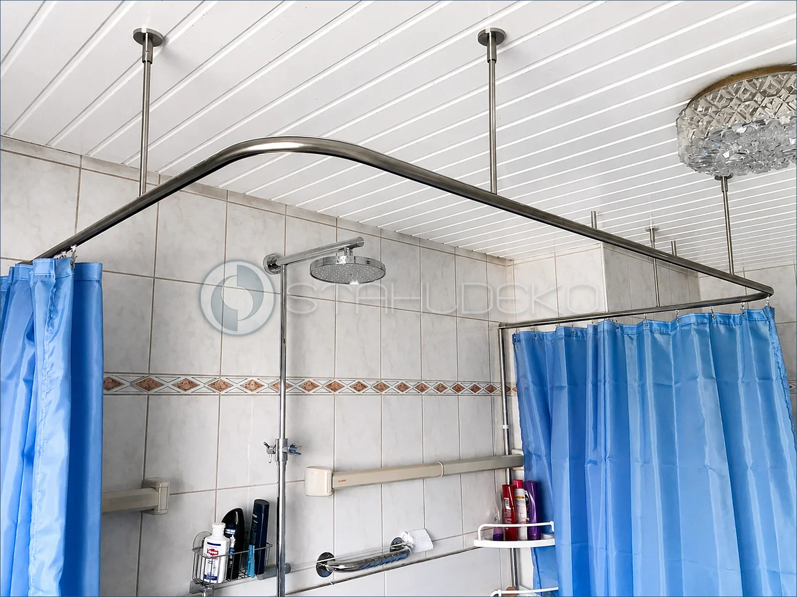U-shaped shower curtain track in stainless steel look with ceiling mounting