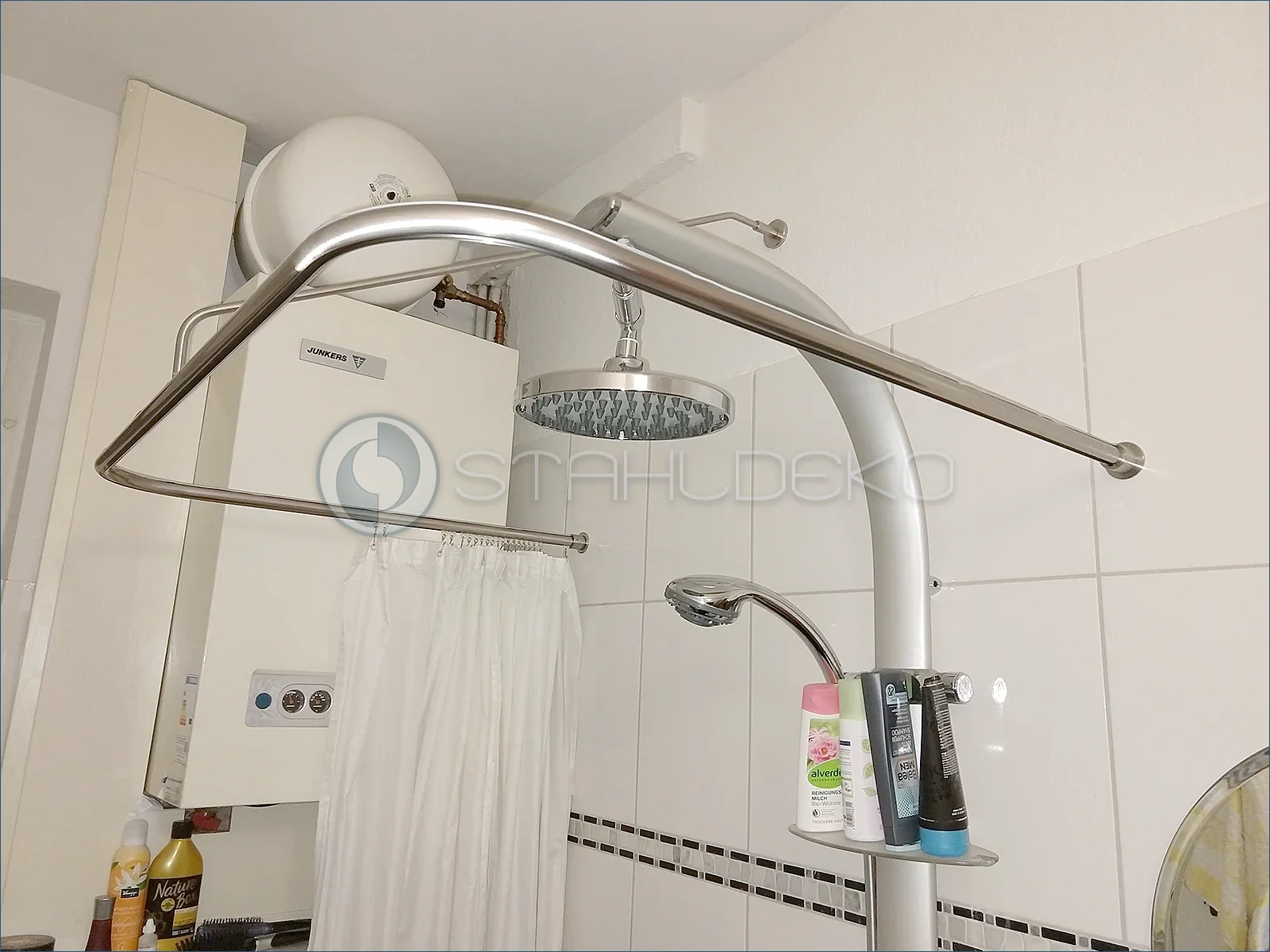 U-shaped shower curtain track with wall mounting and smooth gliding stainless steel curtain hooks