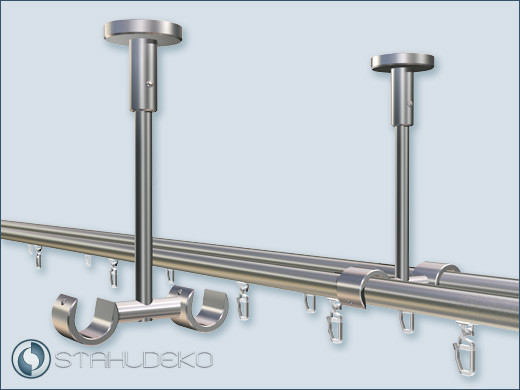 Universal ceiling suspension from stainless steel-V2A for 2-track mounting of curtain rods on the ceiling, suitable for stainless steel tubes and inner track rods with 20mm diameter.